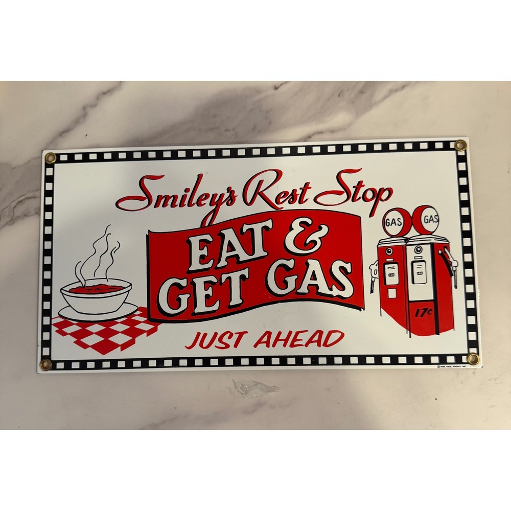 Ande Rooney Porcelain Sign Smileys Rest Stop Eat Get Gas Vintage Diner Decor